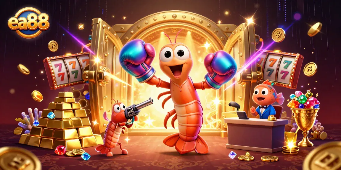 Experience thrilling gaming with ea88's vibrant casino scene featuring animated shrimp characters and rich gold elements.