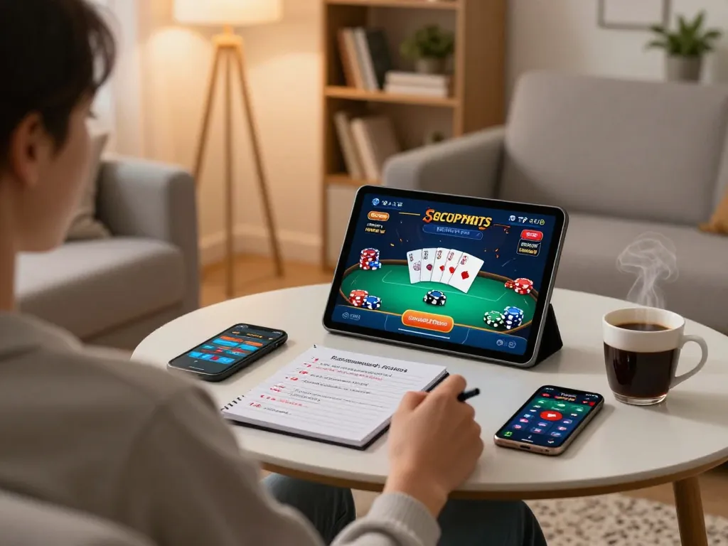 Engaged player enjoying fun79 online casino poker game from home with strategies in view.