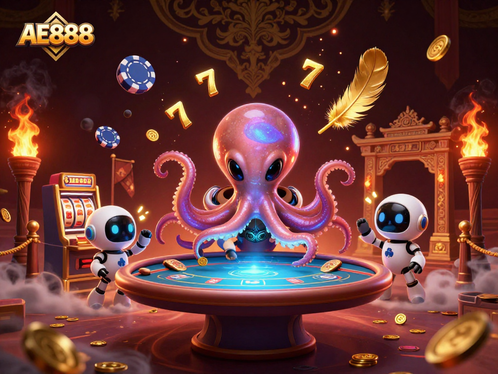 Engage in thrilling gaming at AE888 with a fun scene of an alien octopus managing high-stakes poker.