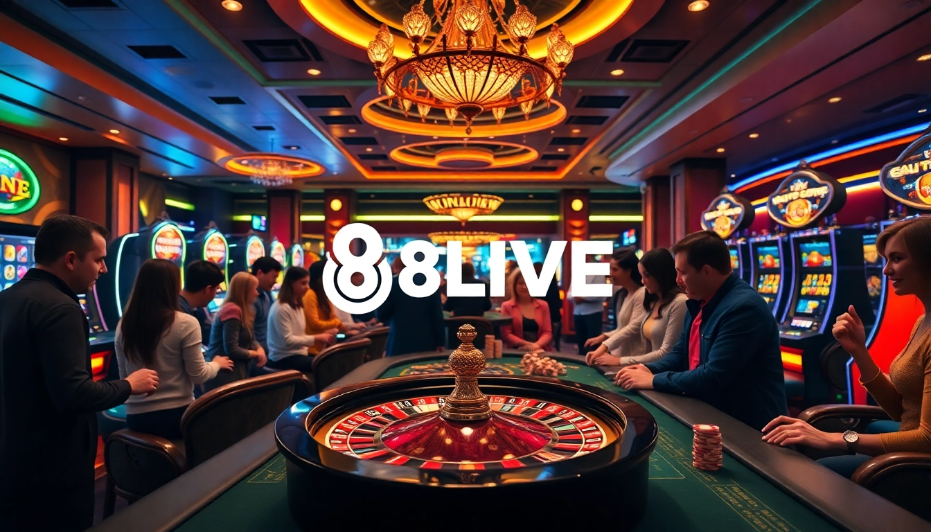 Experience exhilarating gaming at 8LIVE with vibrant casino tables and dynamic slot machines.