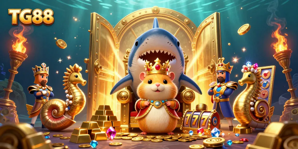 Experience the excitement of winning at TG88 with a vibrant casino-themed underwater illustration featuring treasure and slot game elements.