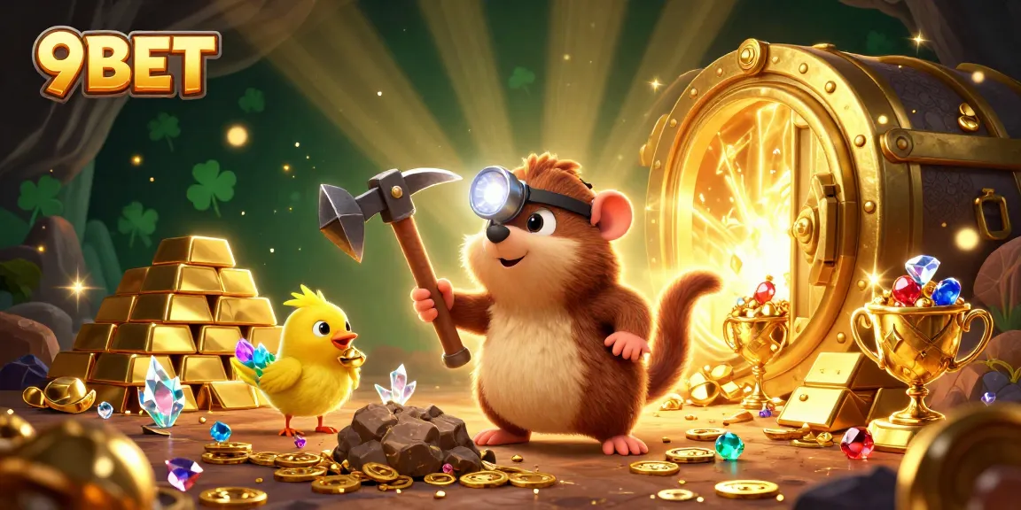 Win big with 9BET's vibrant treasure cave illustration packed with gems and gold.