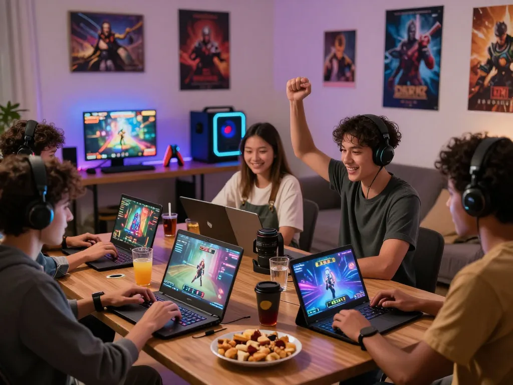 Bomwin online gaming friends celebrating wins in a cozy living room.