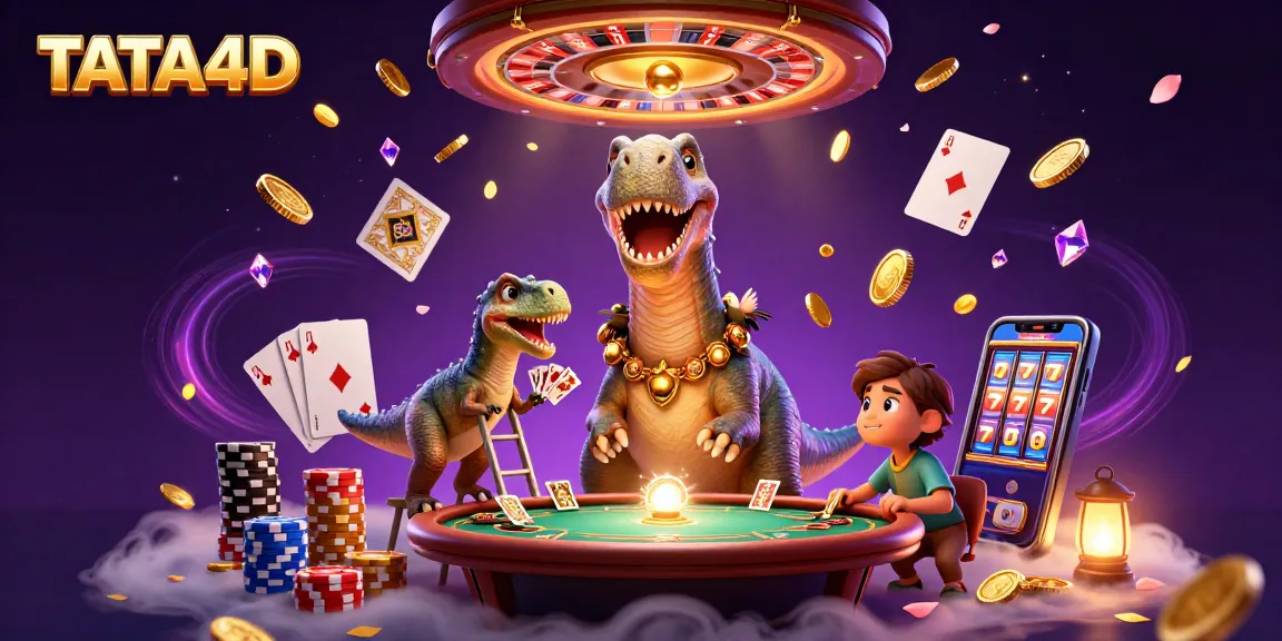TATA4D showcases a playful scene with a giant brontosaurus, raptor dealer, and vibrant casino elements.
