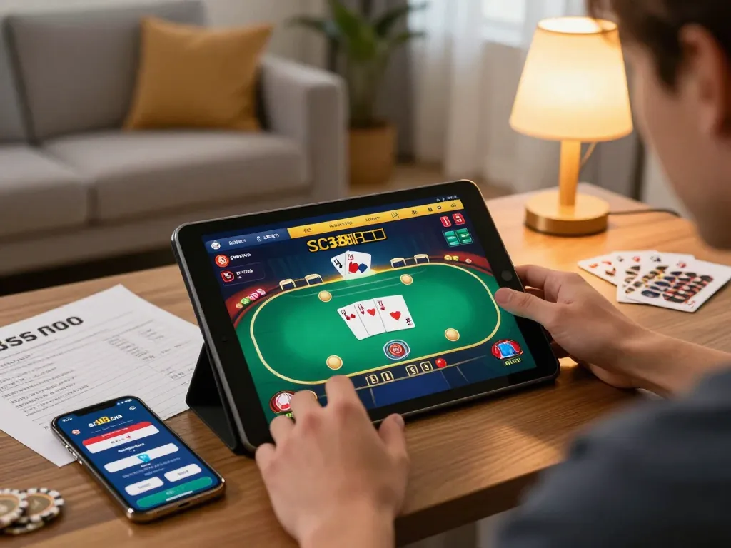 Experience online gaming at sc88.com with an engaging poker interface shown on a tablet in a cozy living room.