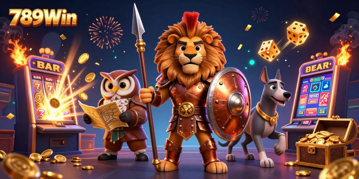 Experience excitement with 789Win as a Spartan lion battles for jackpots in this vibrant 3D casino scene.
