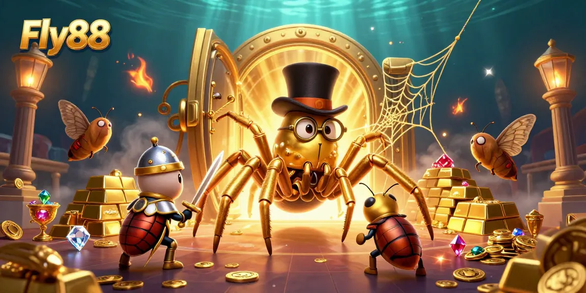 Experience the thrill of Fly88 with a vibrant casino scene featuring a golden tarantula and knight, immersing players in adventure.