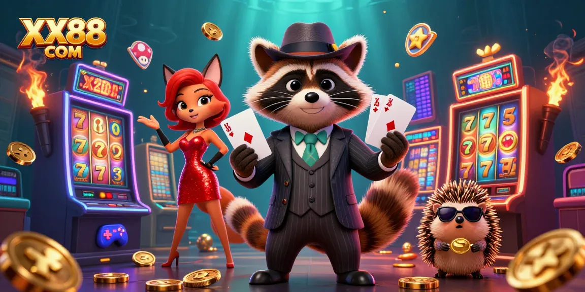 Experience thrilling slots at XX88 COM with gaming characters in a vibrant casino scene.