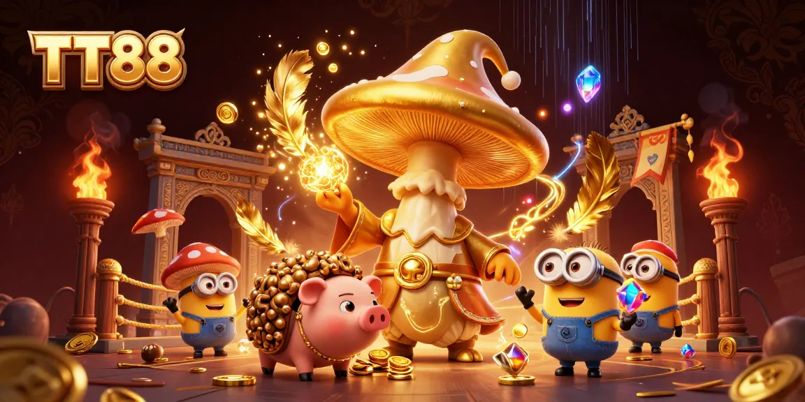 TT88's vibrant 3D illustration showcases a golden mushroom wizard, treasure, and dynamic casino game elements.