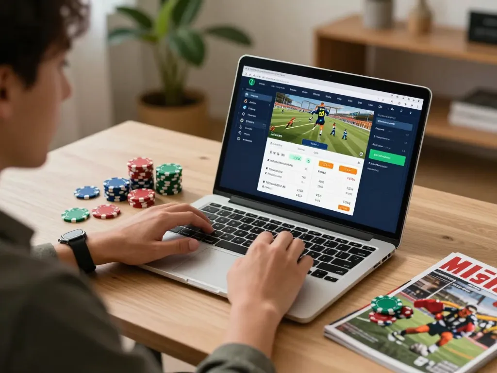 Betting on net88 with a laptop in a cozy home setup, showcasing live sports odds and betting interface.