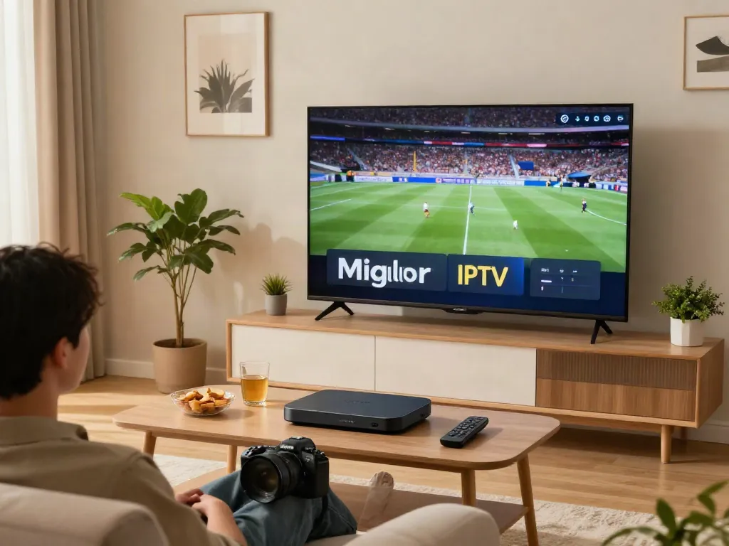 Miglior IPTV streaming service showcased in a cozy living room with a person watching sports on a large TV.