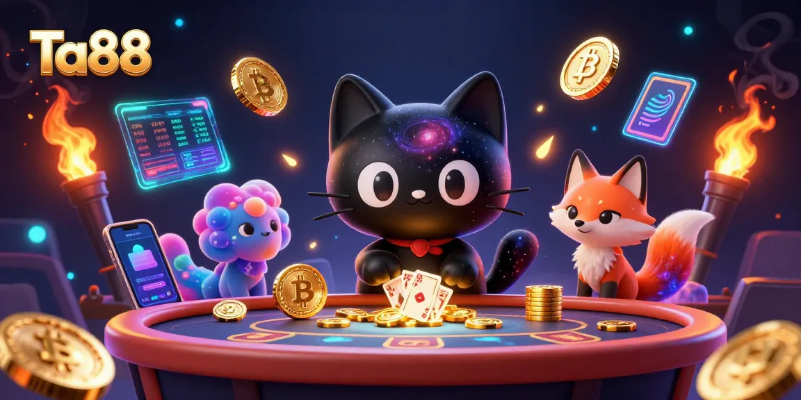 Ta88 showcases a cosmic casino scene with a black hole cat and vibrant elements embodying thrilling gameplay.