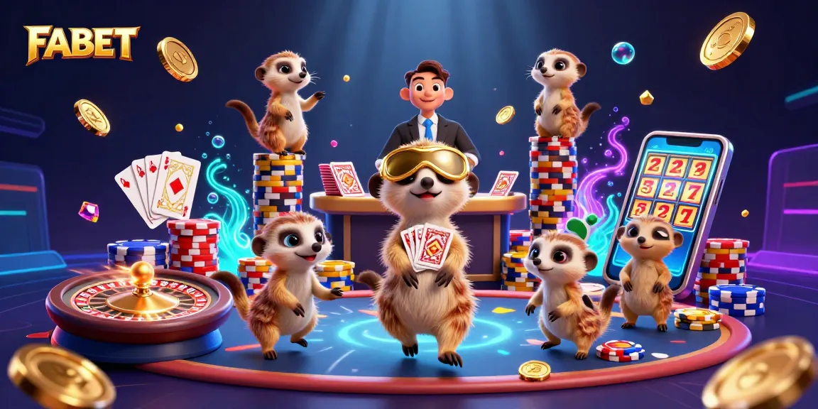 FABET showcases meerkats managing a vibrant casino scene filled with gold coins and poker chips.