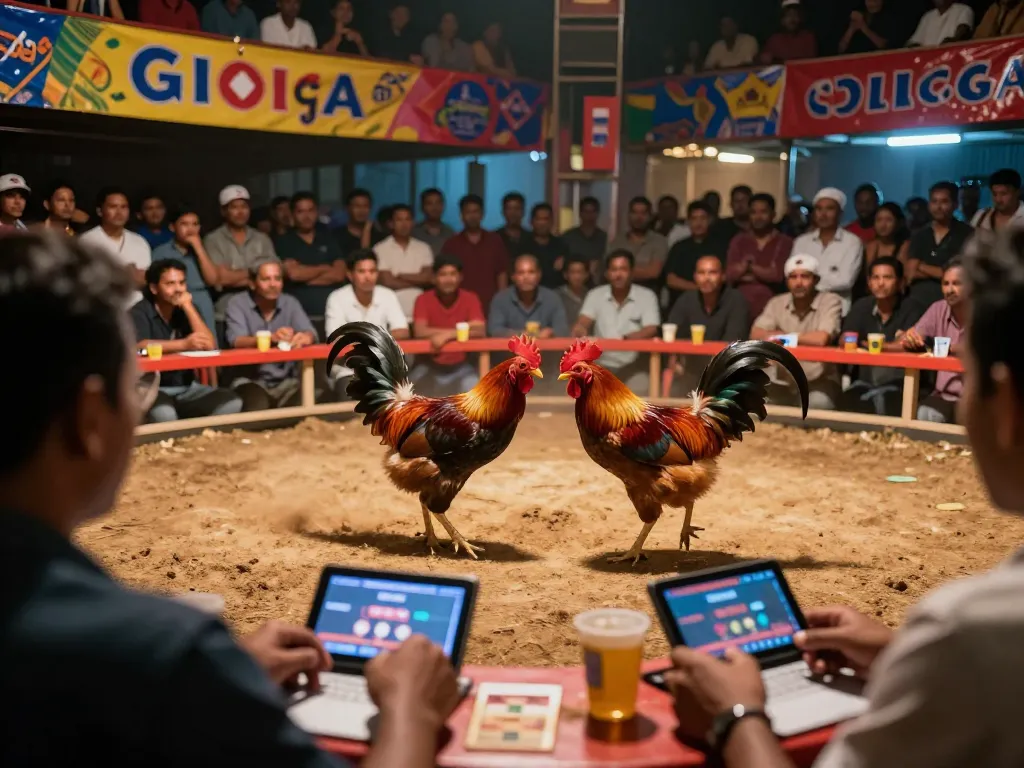 Daga players engage in thrilling live chicken fights, showcasing an energetic betting atmosphere in an arena.