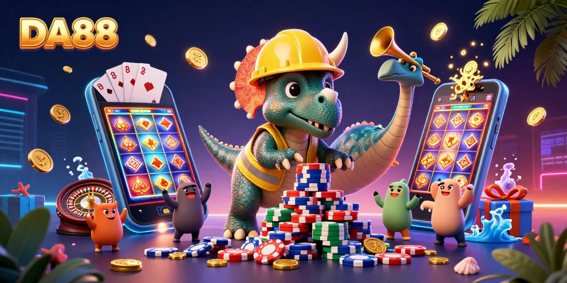 Celebrate DA88 with a triceratops in a casino scene filled with poker chips and slots!
