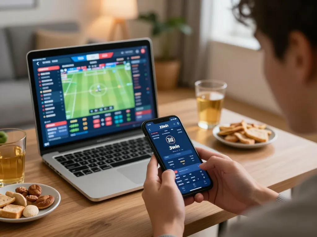 Placing live bets on 33win app with excitement and focus in a cozy home setting