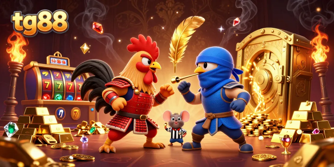 Engage with tg88's vibrant 3D casino world featuring samurai and ninja roosters battling amid treasure and jackpots.