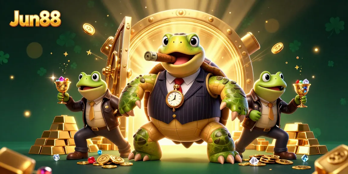 Experience premium gaming at Jun88 with a vibrant casino scene featuring a turtle in a suit.