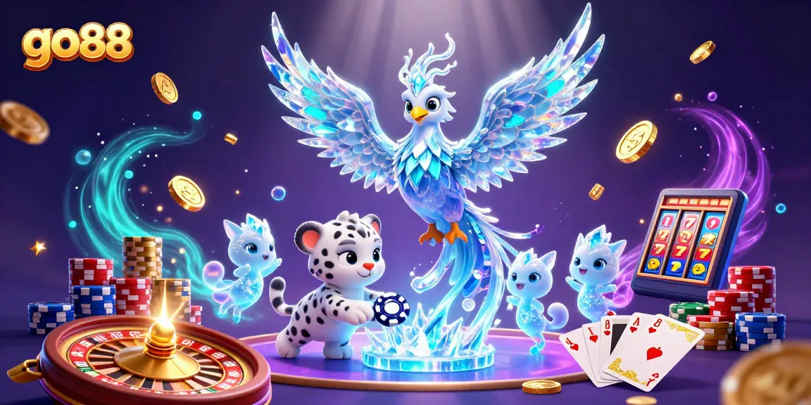 Experience the excitement of go88 with vibrant casino elements and specialty games in a dazzling illustration.
