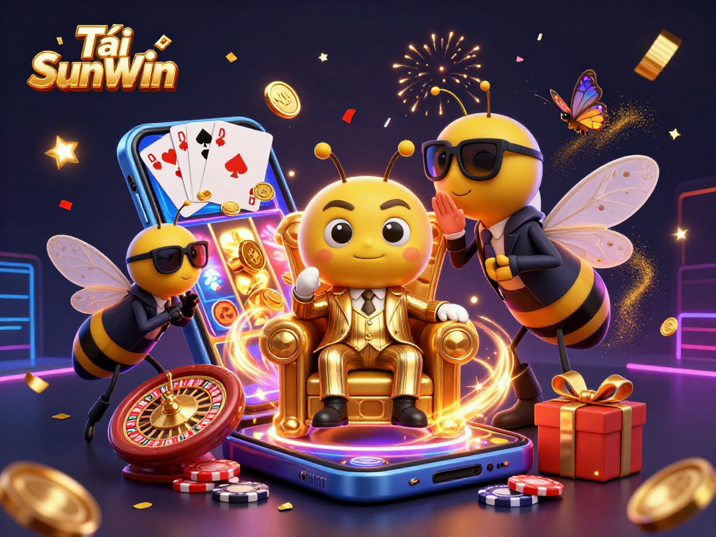 Tải SunWin with a dynamic casino illustration featuring a cartoon bumblebee mob boss and lively gaming elements.