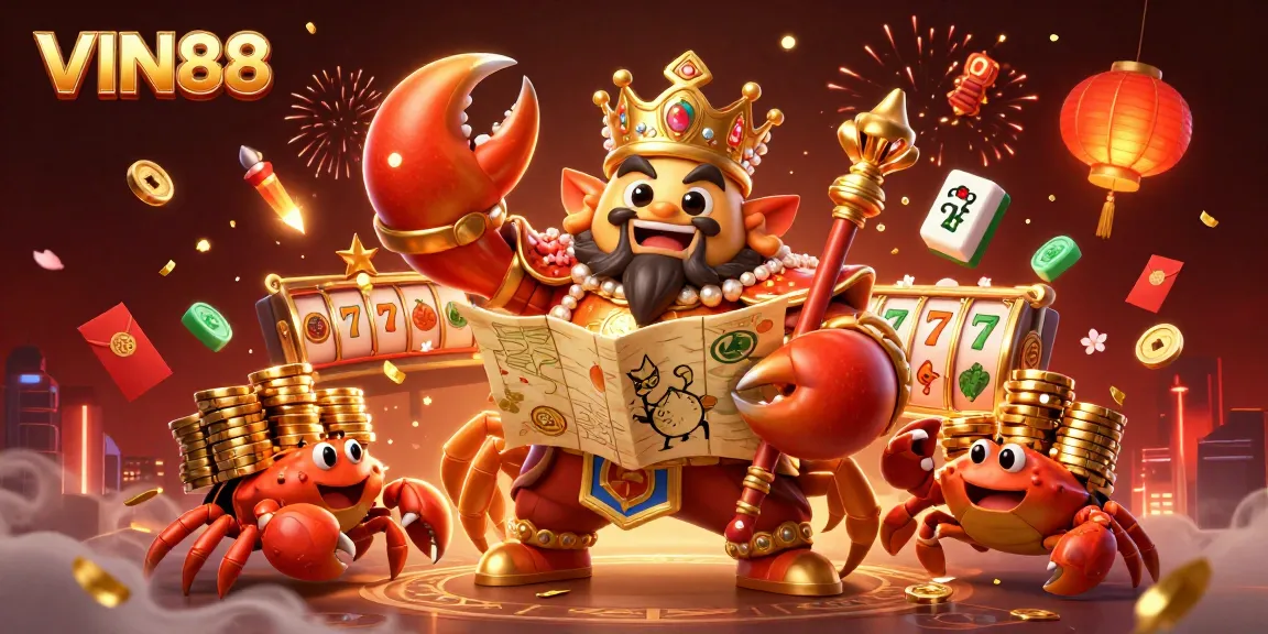Experience VIN88 excitement with a golden crab emperor amidst rich casino symbols in this vivid illustration.