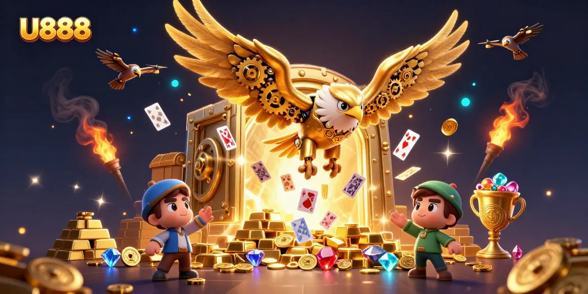 Experience the thrill of U888 as the golden eagle dives through holographic cards amidst treasures.