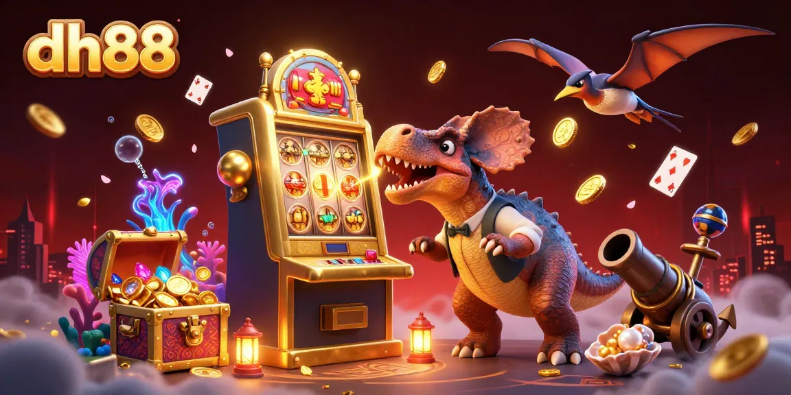 dh88 triggers jackpot coins with a pachycephalosaurus in a vibrant casino scene filled with treasures.