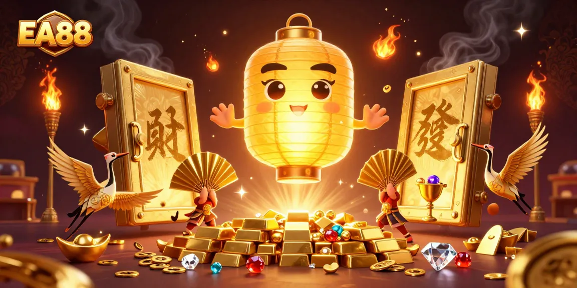 Engage with EA88's vibrant casino world featuring golden lantern spirit and treasure elements.