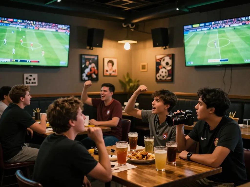 Xem bóng đá Socolive with excited fans in a vibrant sports bar atmosphere, cheering for live matches.