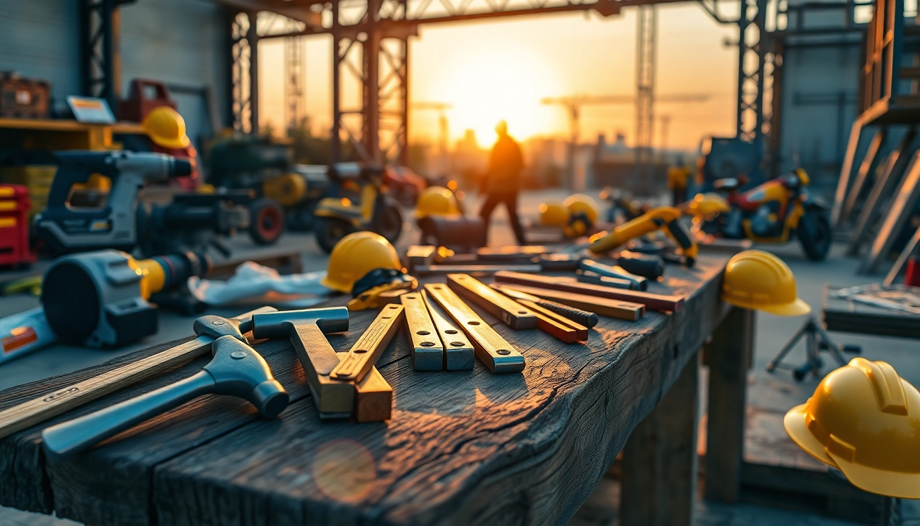 Utensili e attrezzature per la costruzione professionale utentili edilizia mostrati in un ambiente caldo e accogliente.