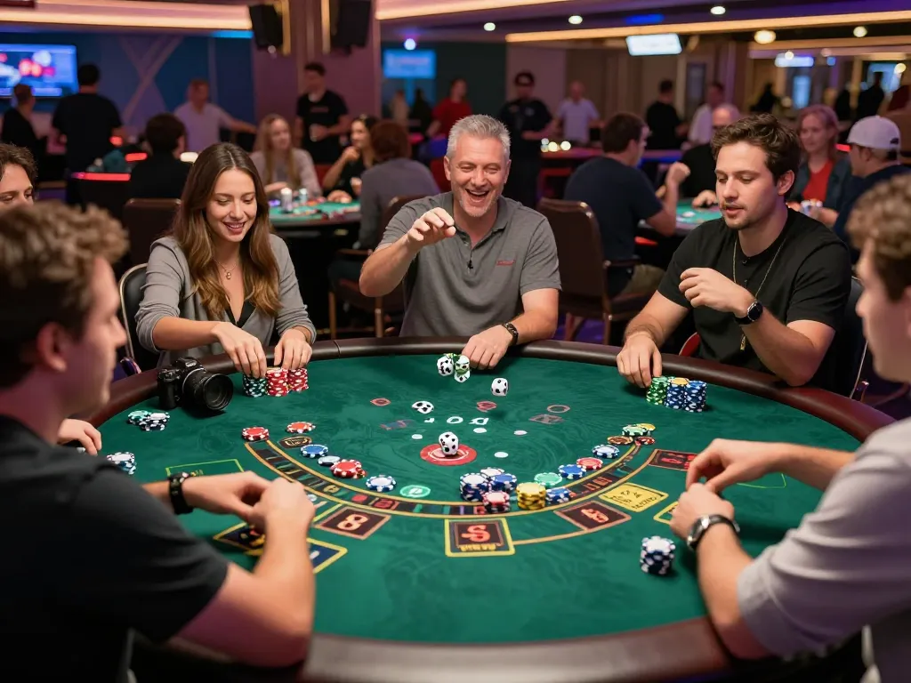 Tài xỉu sunwin players in an exciting casino environment, showcasing thrill and vibrant gaming atmosphere.