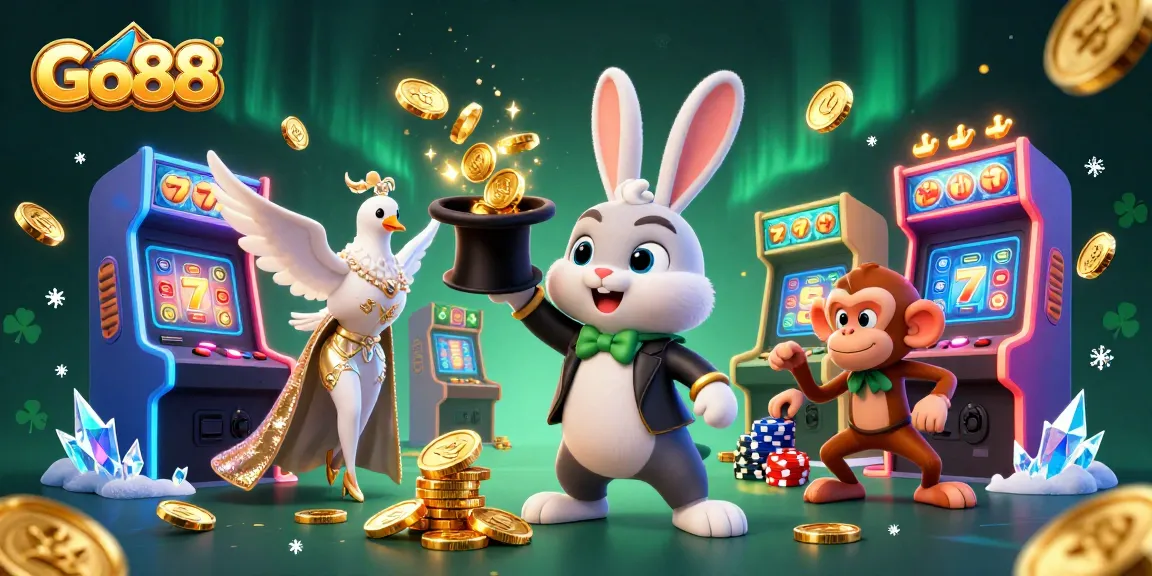 Go88 players experiencing thrilling wins with cartoon-style characters in a vibrant casino setting.