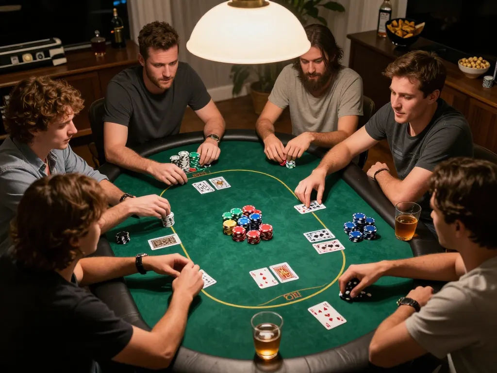 Players enjoying an exciting poker game during a home gathering while discussing strategies on 88aa com