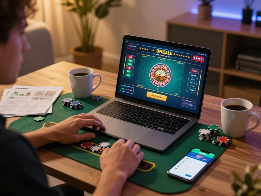 Playing live casino roulette on Oxbet with engaging laptop setup and gaming notes.