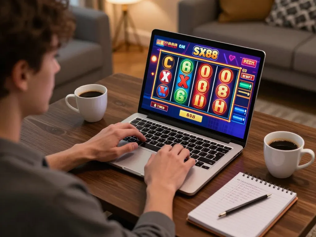 SX88 player spinning reels in a lively home gaming setup maximizing online slots.