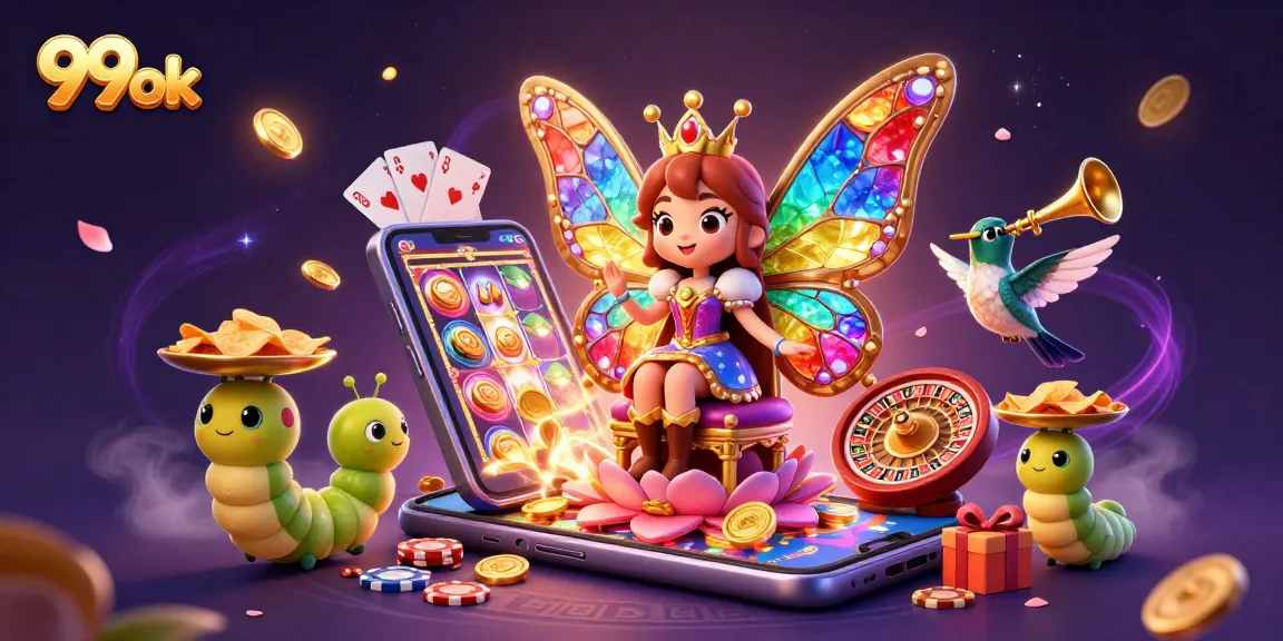 Engaging 99ok online casino scene featuring a colorful butterfly queen with casino elements.