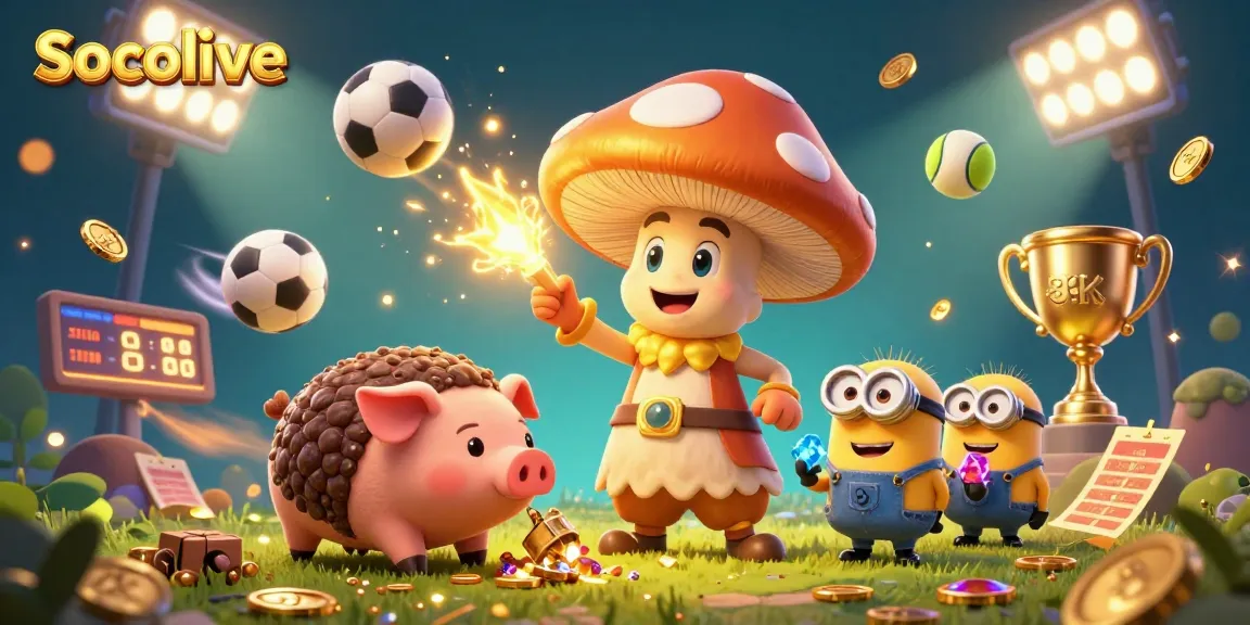 Socolive engages users with a vibrant 3D illustration of magical characters and sports action in a dynamic gambling scene.