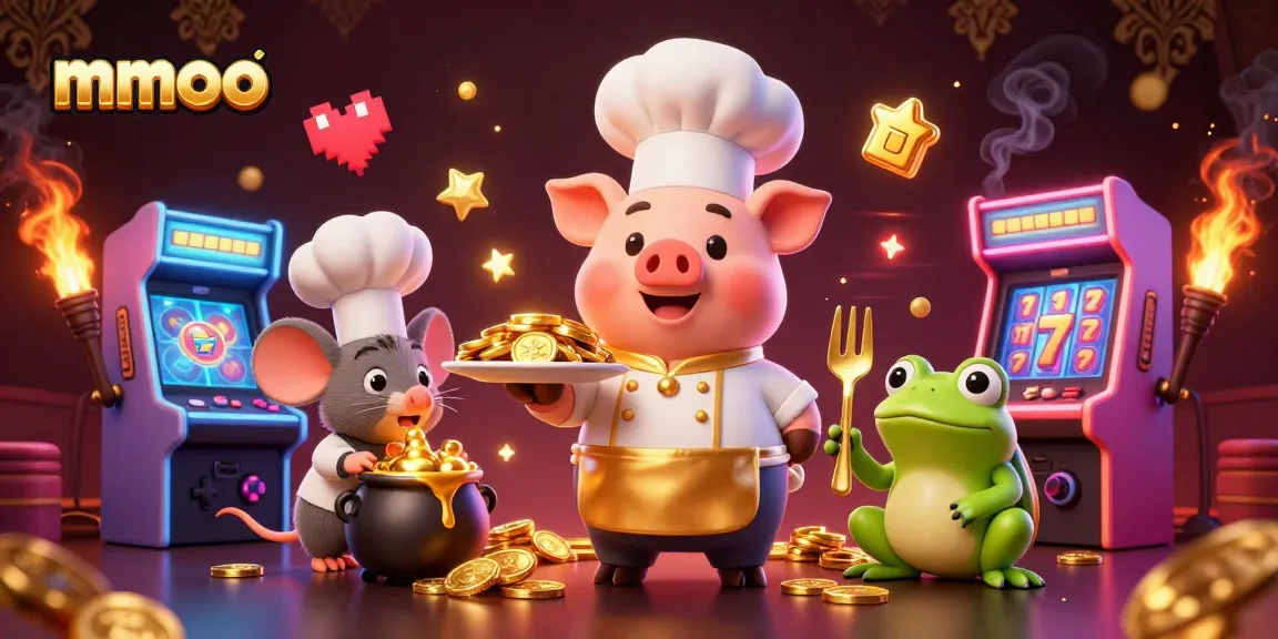 Engage with mmoo's casino magic as a pig chef serves golden coins amid vibrant slot reels.