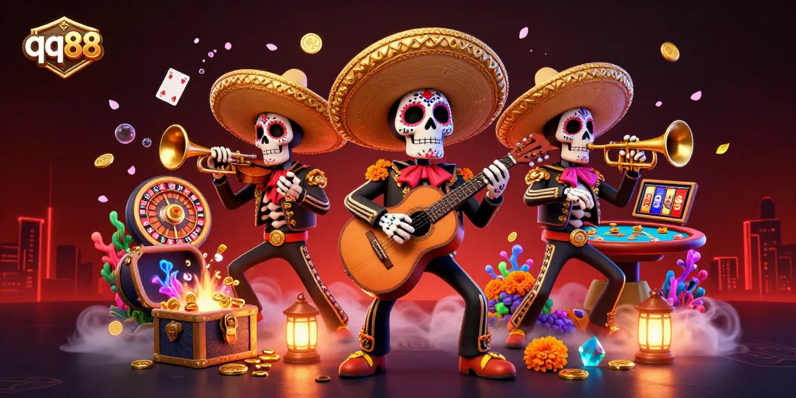 Experience thrilling winnings at qq88 with vibrant casino scenes featuring energetic mariachi characters.