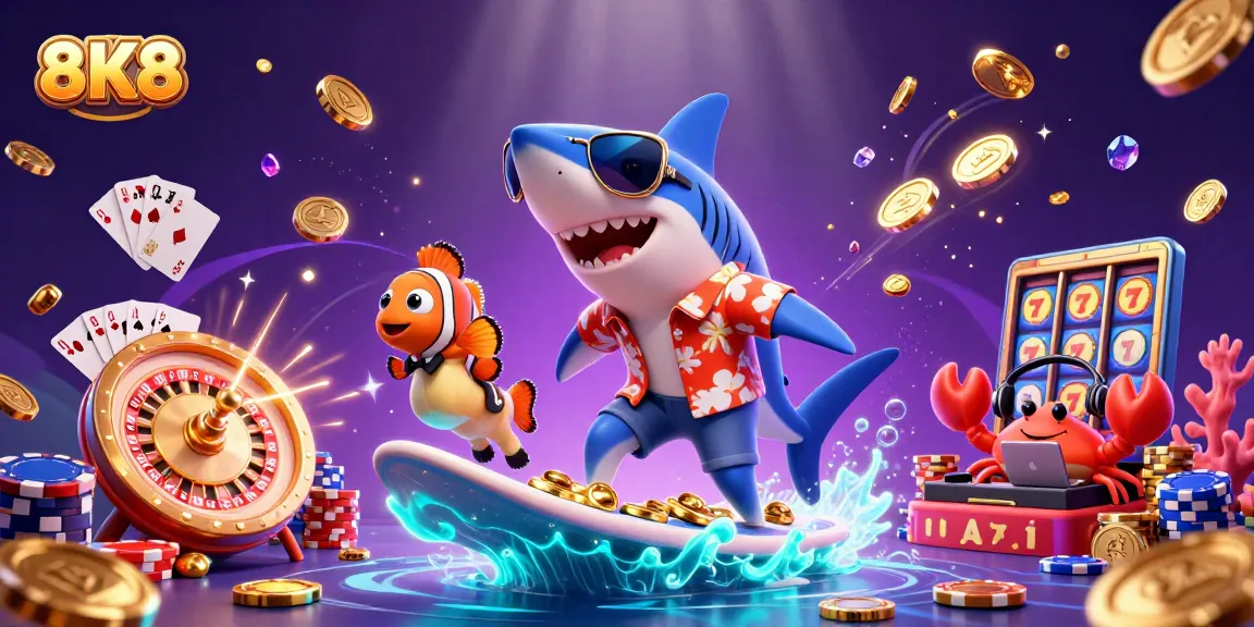 Experience thrilling gaming at 8K8 Casino with our vibrant underwater scene featuring winning elements like coins and jackpots!