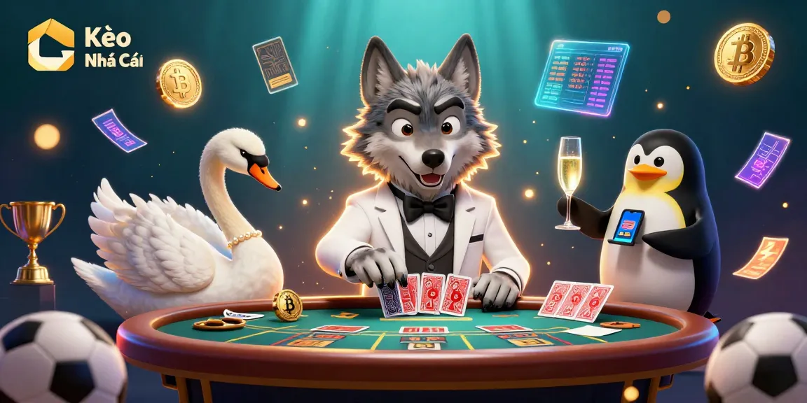 Kèo Nhà Cái showcases a debonair wolf at a baccarat table, surrounded by vibrant gaming elements