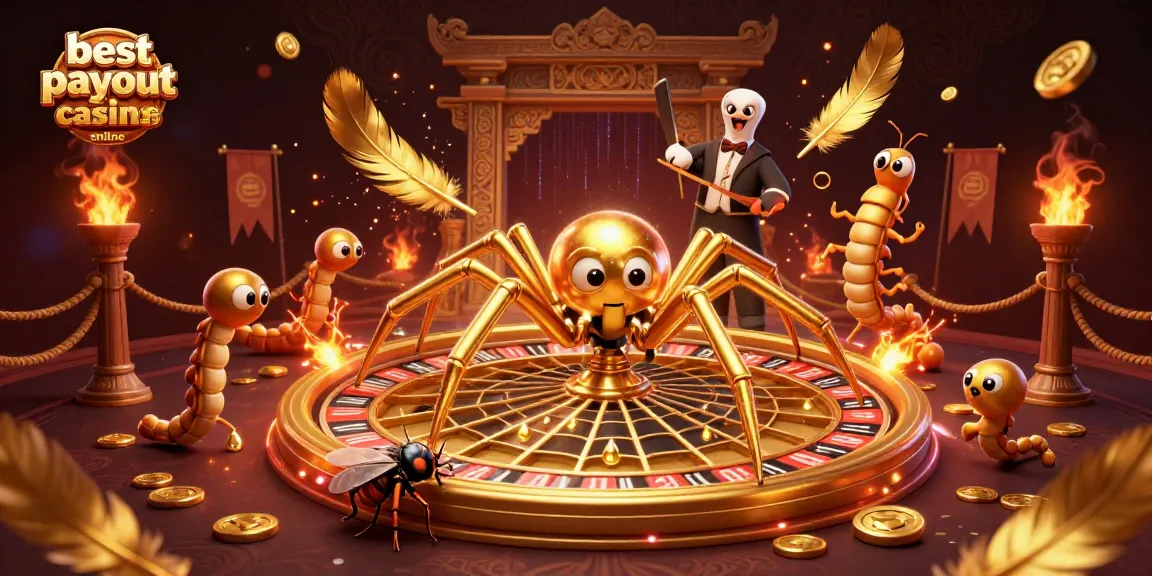 Spin the roulette wheel with the best payout casinos online, featuring a spider and fly in a vibrant casino scene.