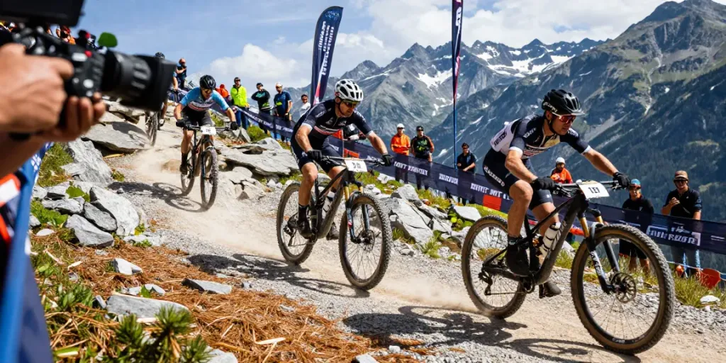 Competitive scene at the 2026 MTB World Championships showcasing ciclismo professionistico athletes racing in dynamic terrain.
