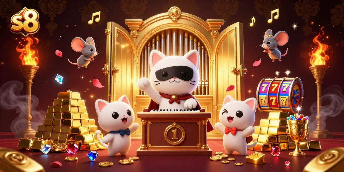 Spin slots with s8 as a vivid casino scene showcases a phantom cat at an organ surrounded by treasures.