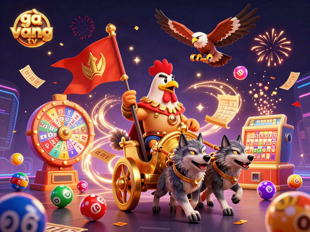 Experience thrilling action with gà vàng tv in this dynamic casino-themed 3D illustration featuring a cartoon rooster warlord and lottery elements.