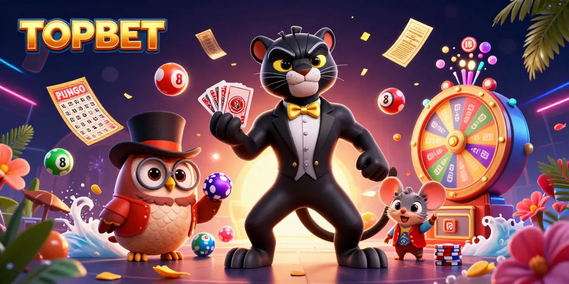 TOPBET scene with dynamic characters and lottery elements showcasing exciting casino action