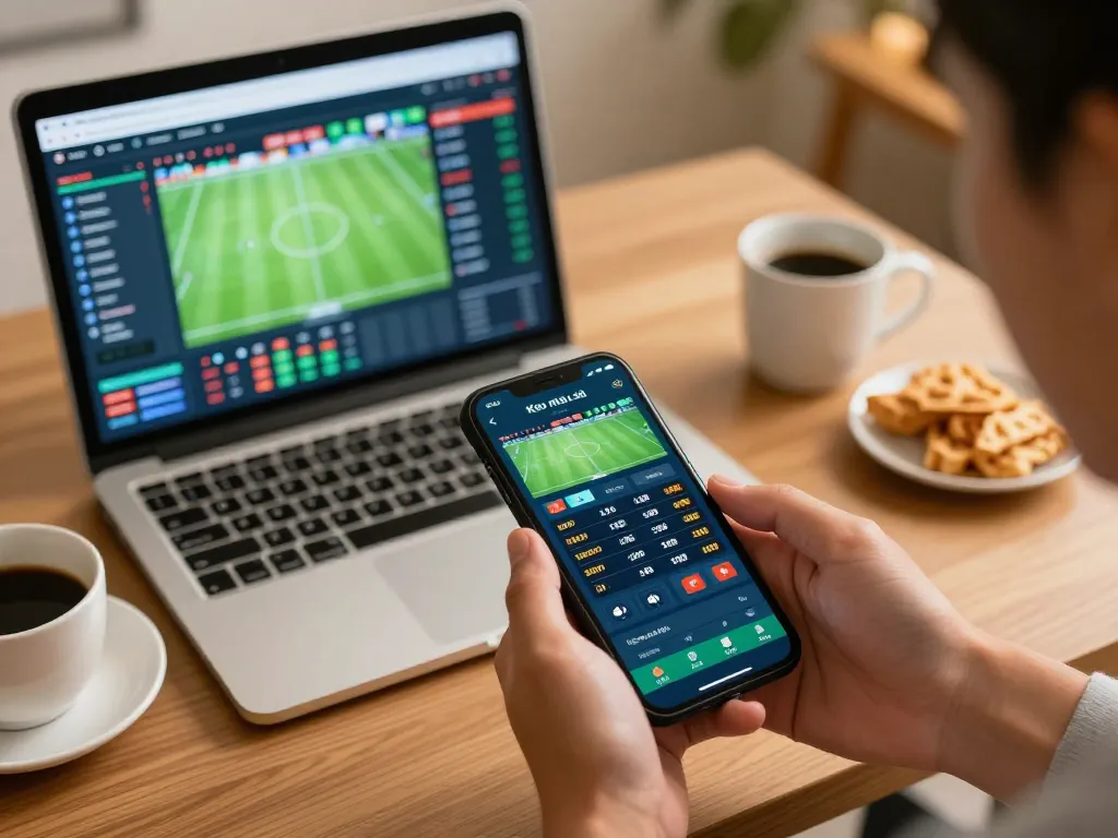 Using a smartphone for viewing keo nha cai odds while betting on sports in a cozy home setup