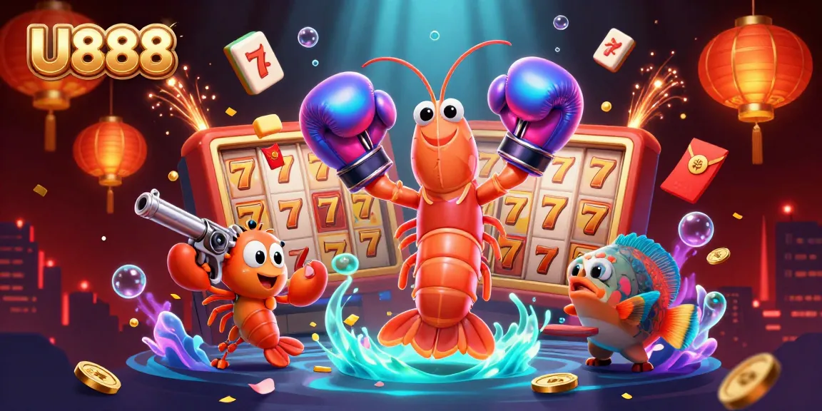 Experience the thrill of U888 with colorful slots and playful sea creatures in this vibrant illustration.