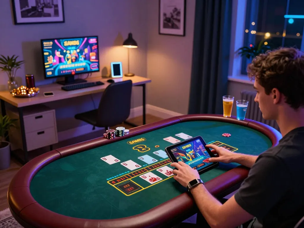 Engaging in strategic gameplay at SAM86 online casino on a tablet in a cozy home setting.