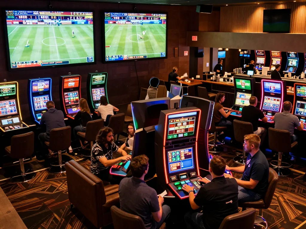 Engaged bettors placing wagers at one88h sports betting lounge with live screens.